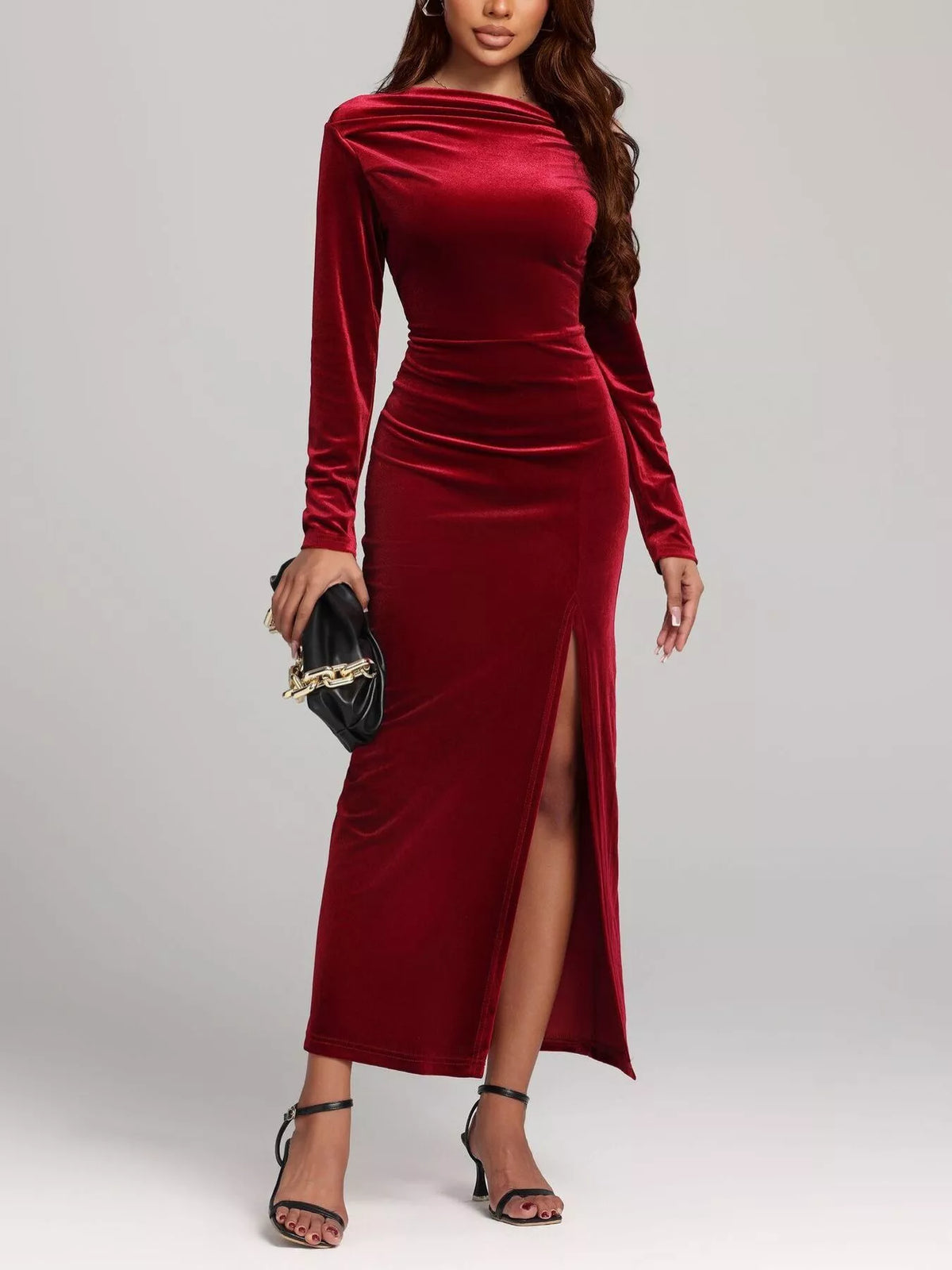 Ruched Velvet Long Sleeve Dress in Burgundy