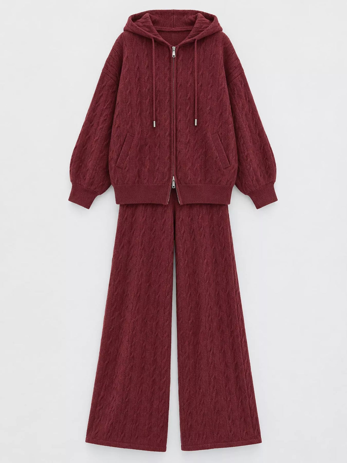 Cable Knit Zip-Up Hooded Cardigan and Wide-Leg Pants Set