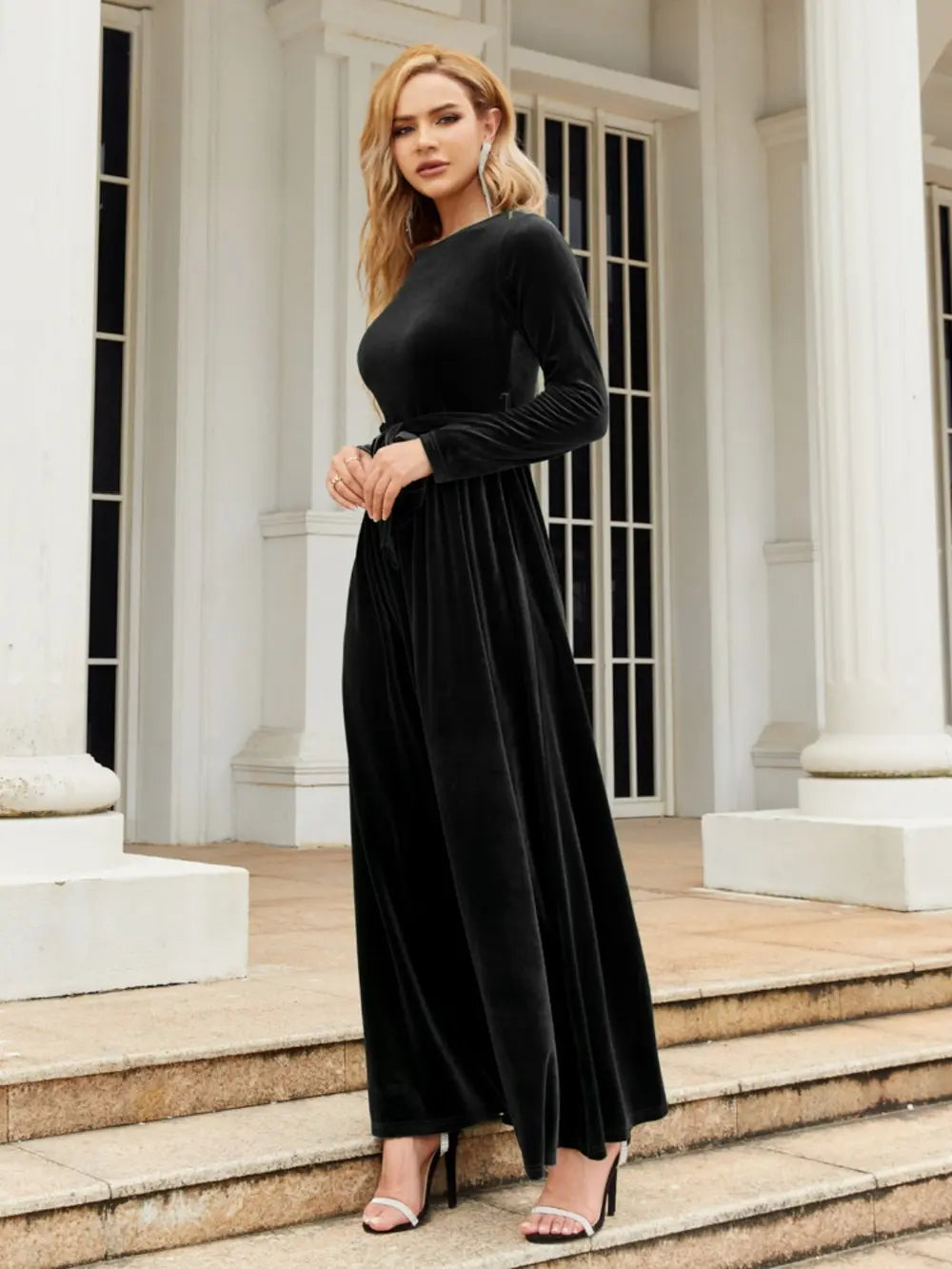 Tie-Front Round-Neck Long-Sleeve Maxi Dress