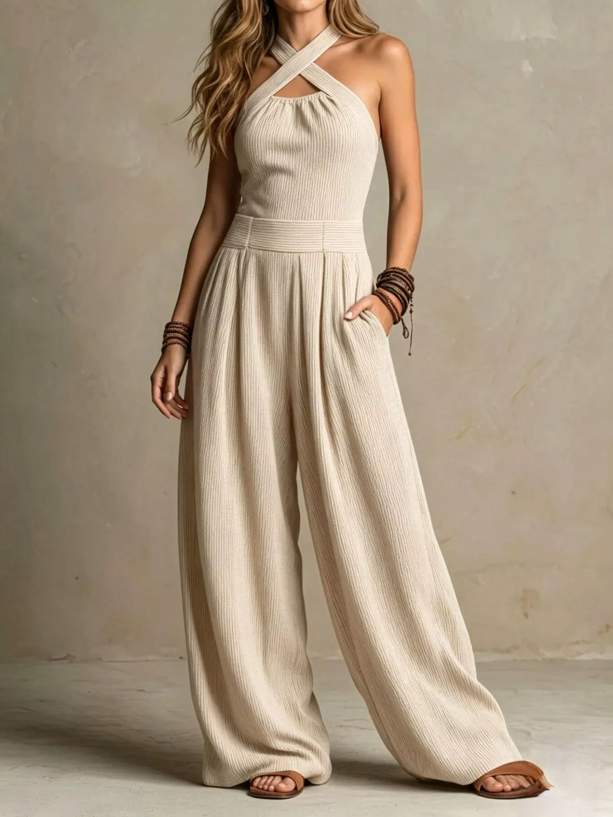 Halter Wide-Leg Jumpsuit with Pockets