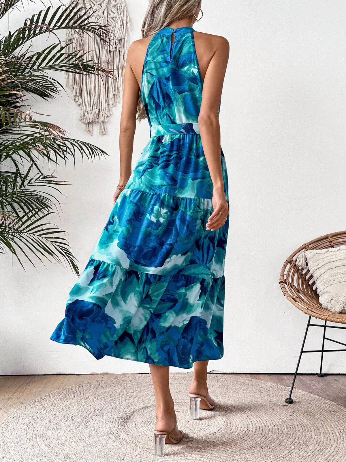 Floral Tiered Midi Dress in Blue