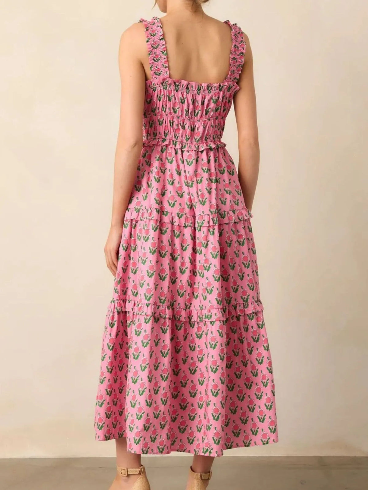 Floral Print Ruffled Midi Dress with Pockets in Pink
