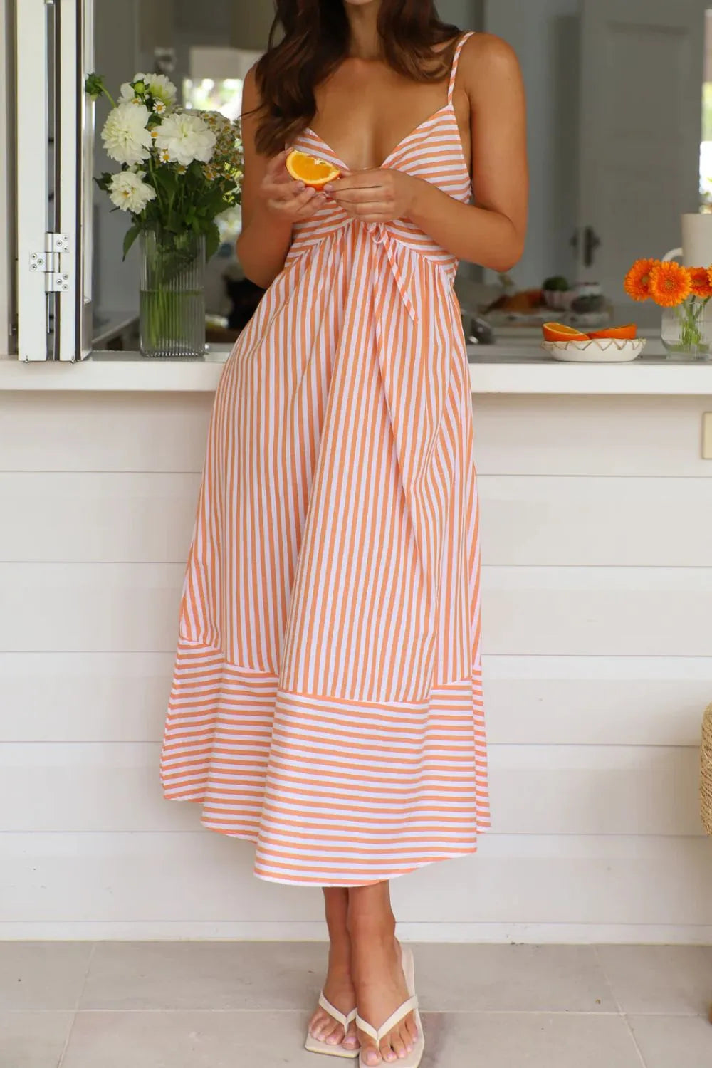 Striped Smocked-Back Midi Dress