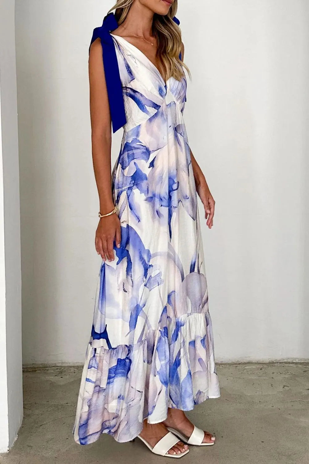 Printed Tie-Shoulder Ruched V-Neck Midi Dress