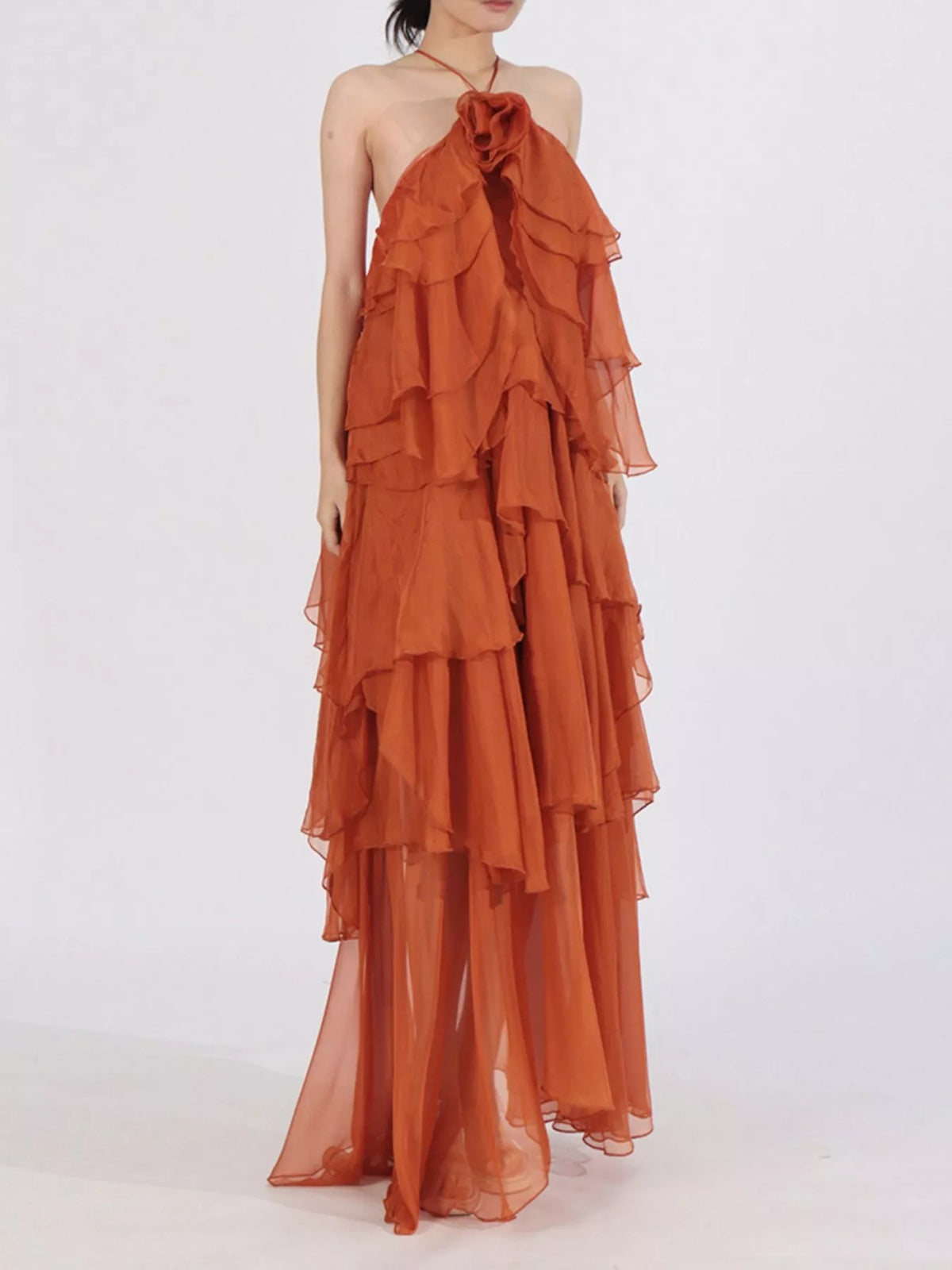 Ruffled Chiffon Halter Maxi Dress