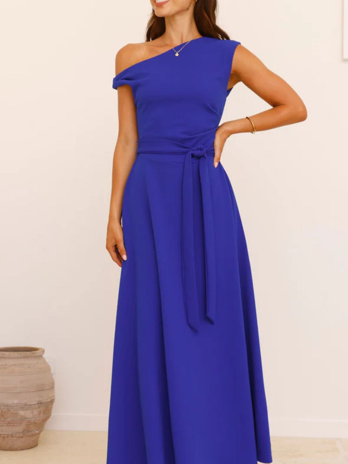 One-Shoulder Tie Waist Maxi Dress