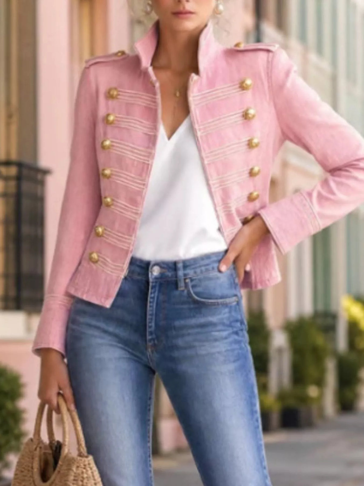 Dusty Pink Military-Inspired Denim Jacket