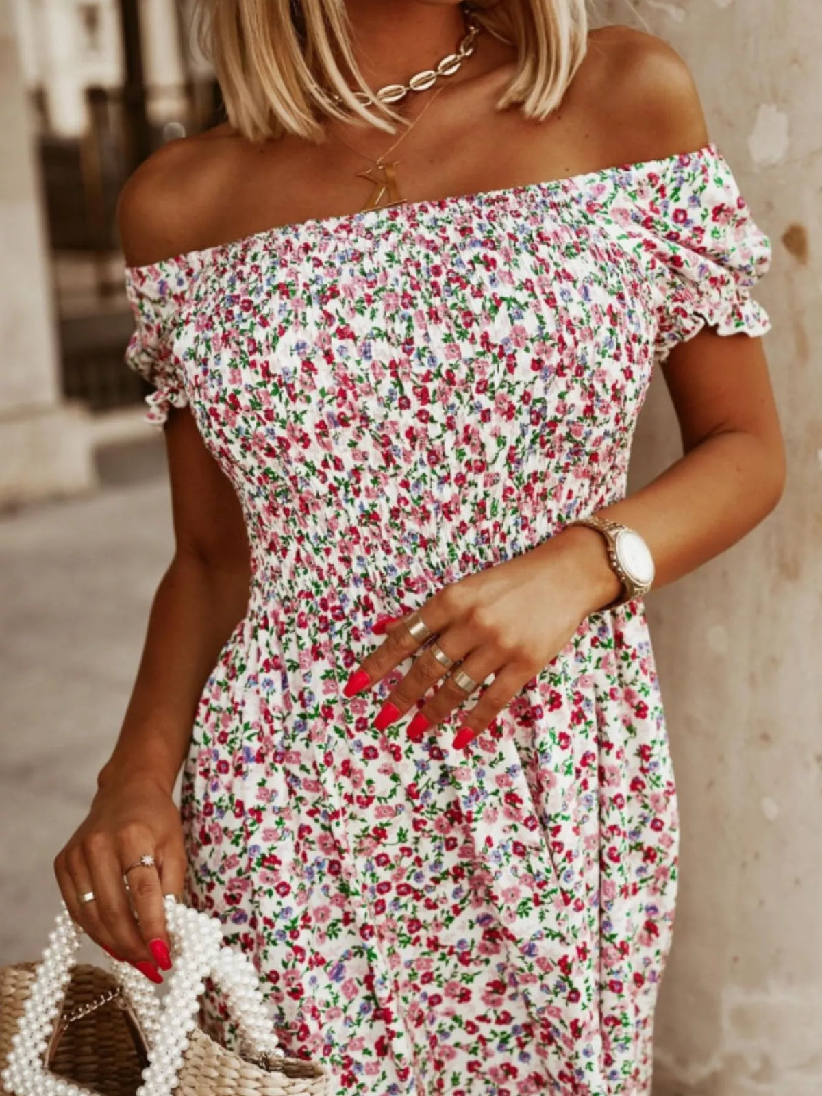 Floral Off-Shoulder Ruched Midi Dress