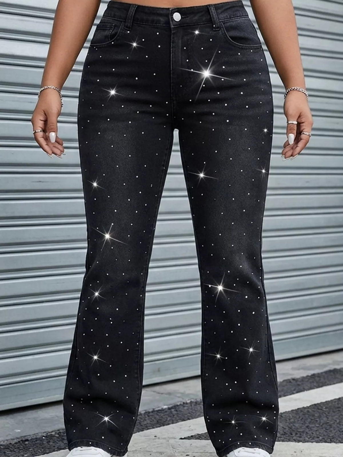 Rhinestone Embellished Flare Jeans in Black
