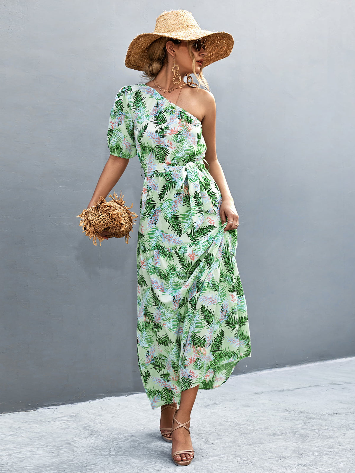 One-Shoulder Tie-Waist Maxi Dress