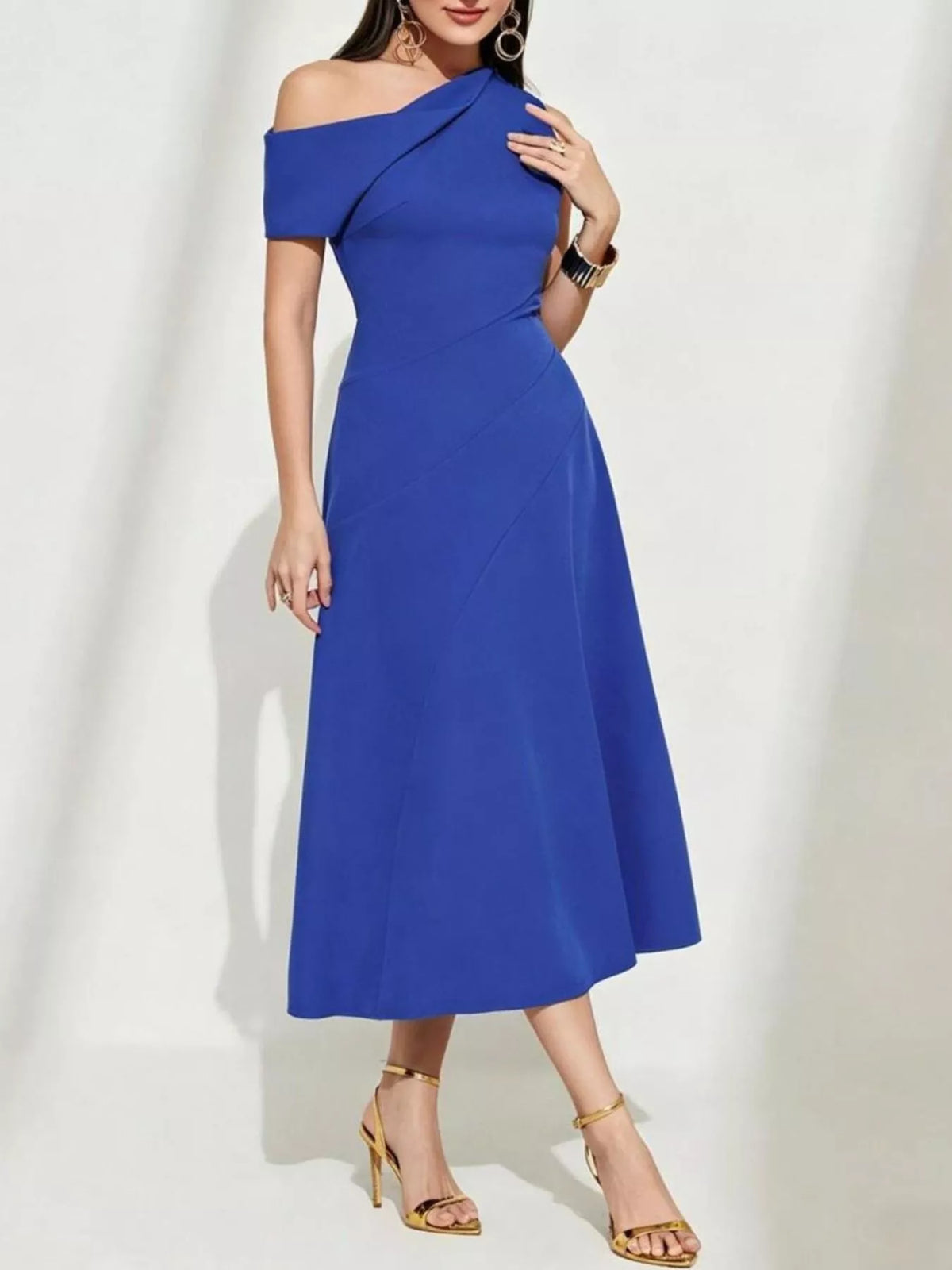 One-Shoulder Midi Dress in Royal Blue