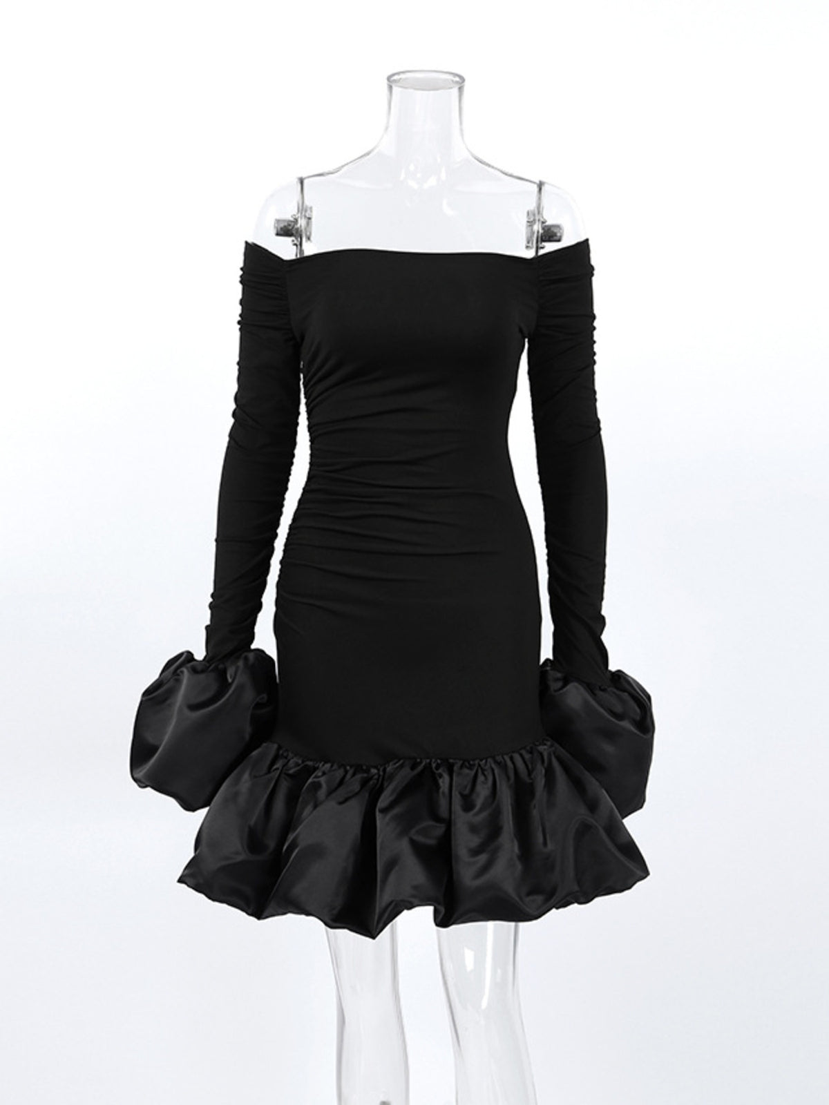 Off-Shoulder Ruffle Hem Mini Dress in Black