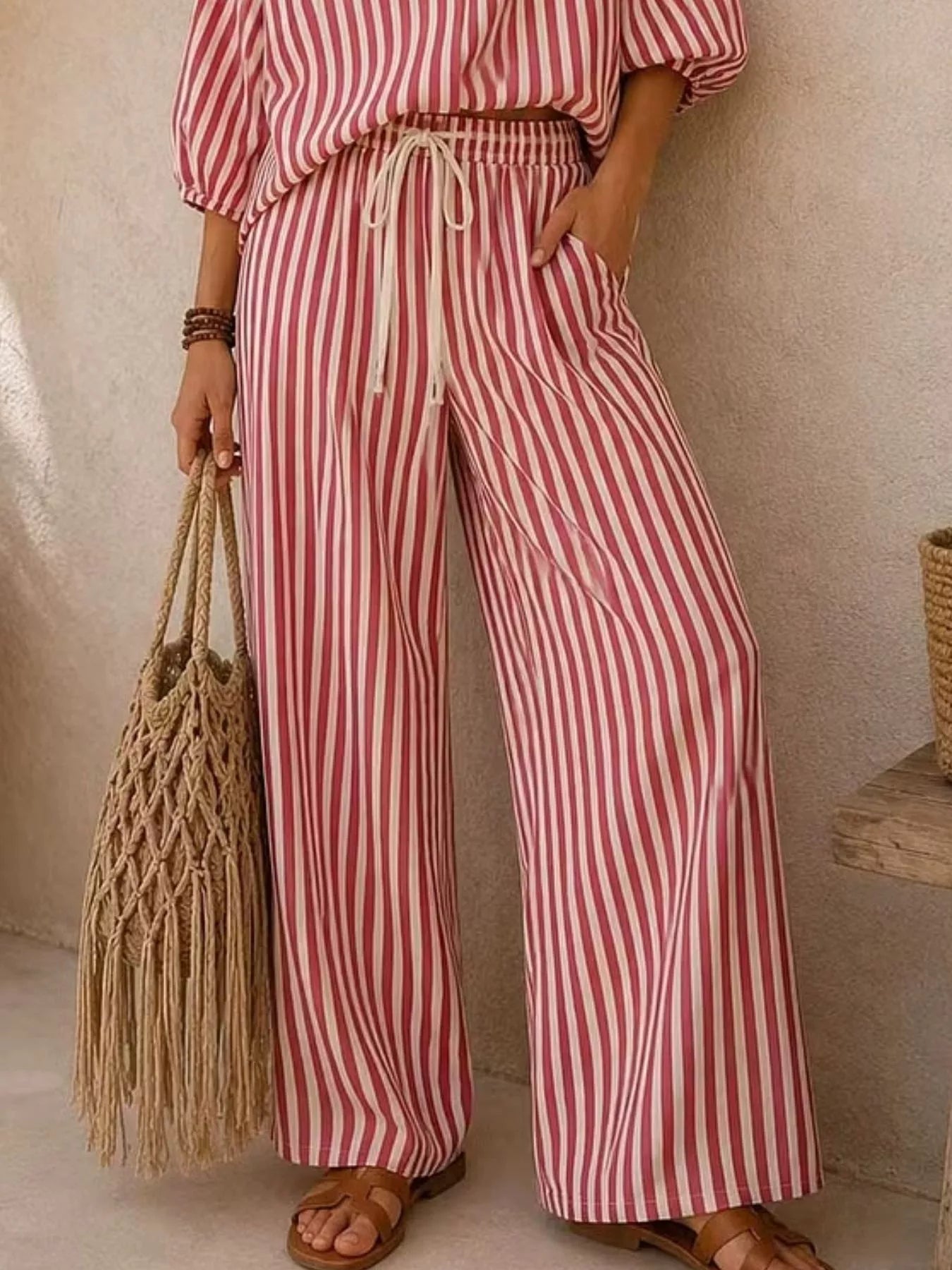 Striped Puff-Sleeve Top and Wide-Leg Pants Set