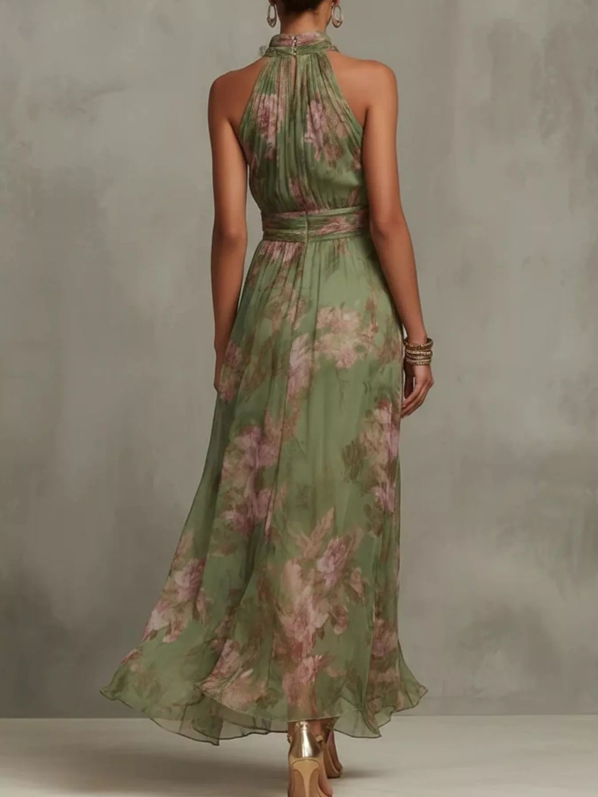 Floral Print Sleeveless Maxi Dress in Green