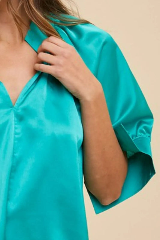 Annie Wear Satin V-Neck Short Sleeve Blouse in Emerald