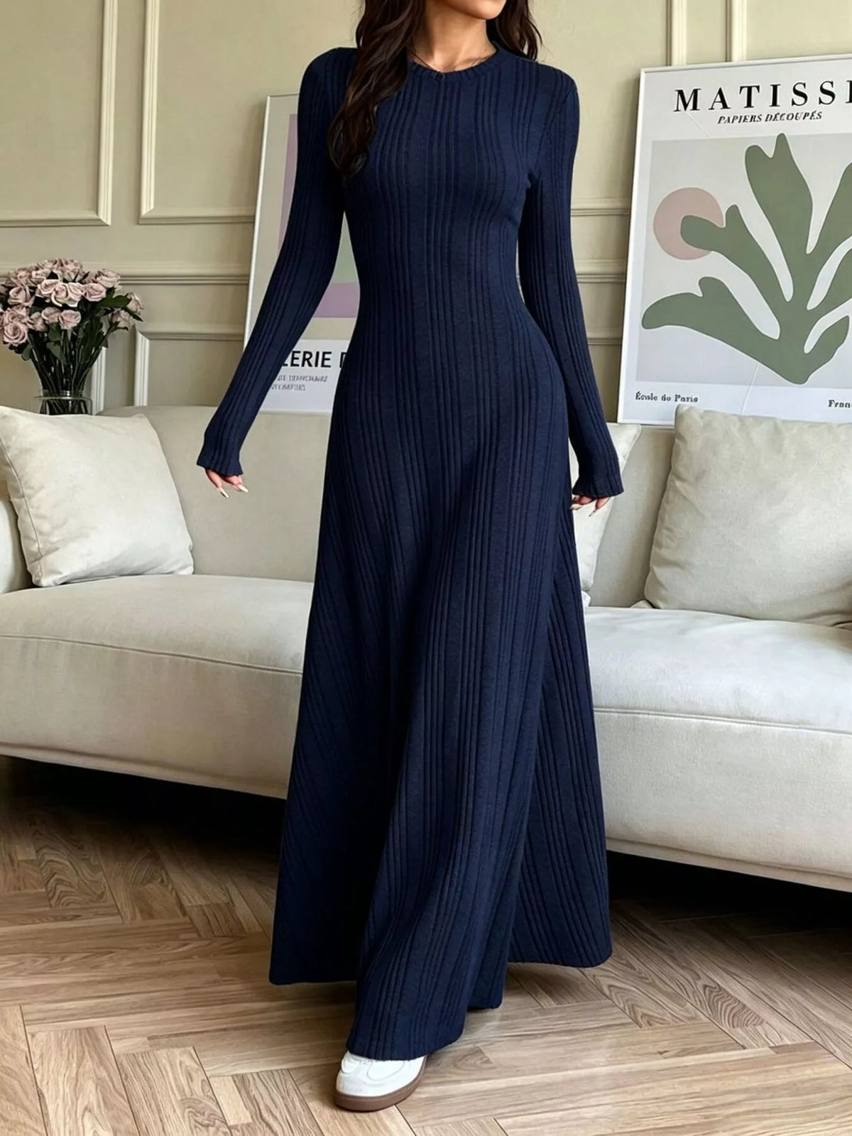 Ribbed Knit Long-Sleeve Dress
