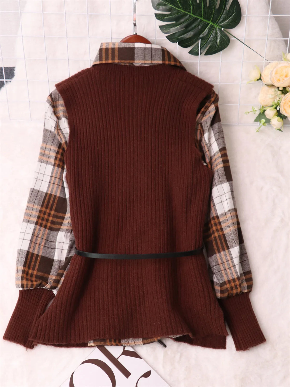 Plaid Long Sleeve Belted Sweater Dress