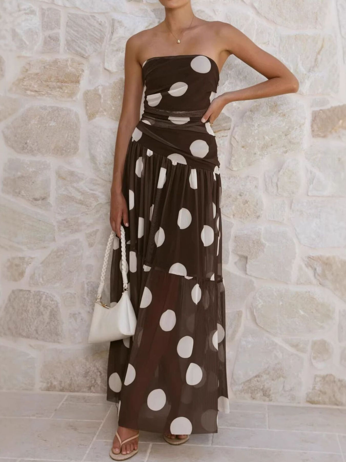 Polka Dot Strapless Ruched Maxi Dress