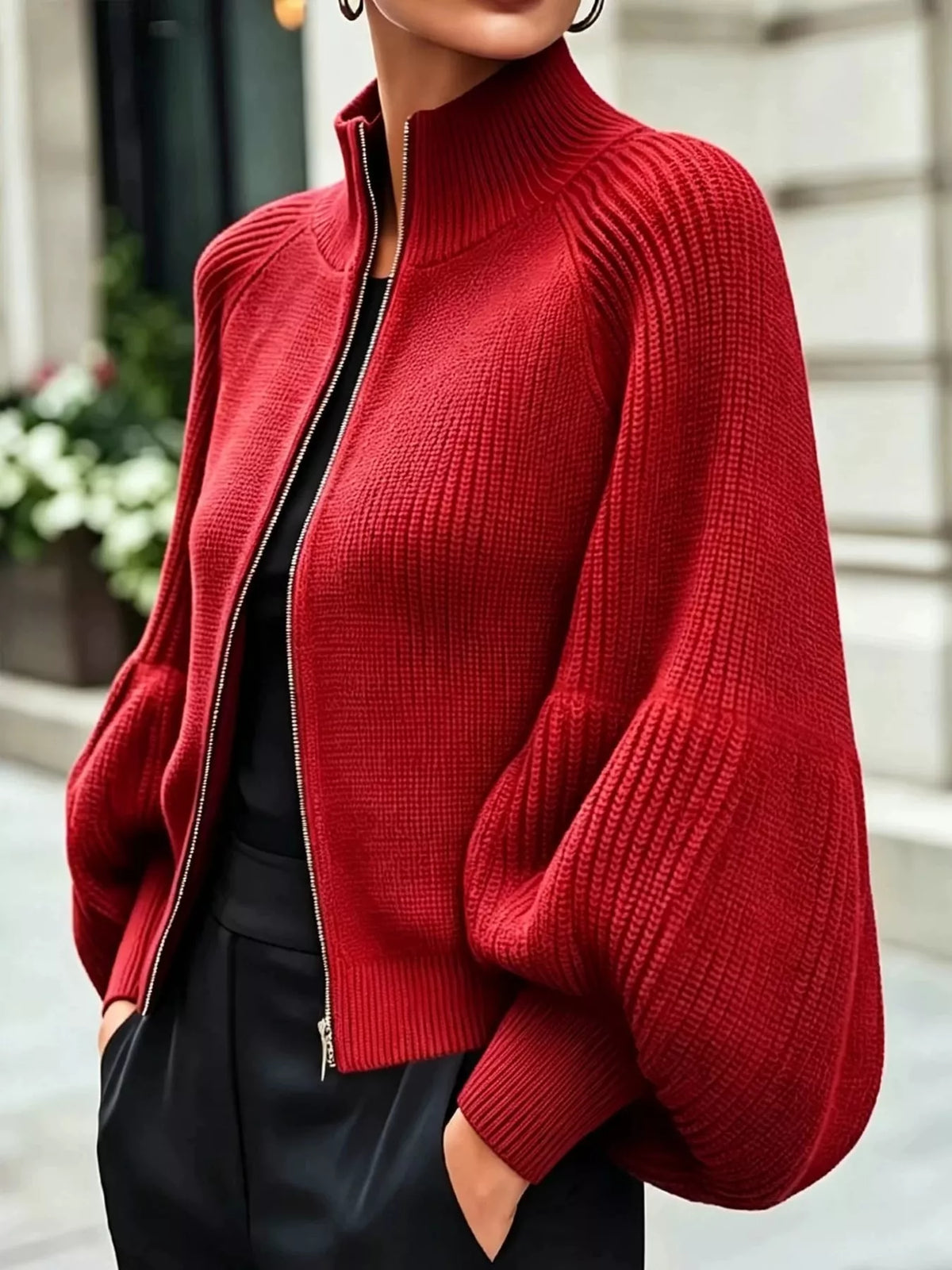 Ribbed Knit Zip-Up Cardigan with Lantern Sleeves