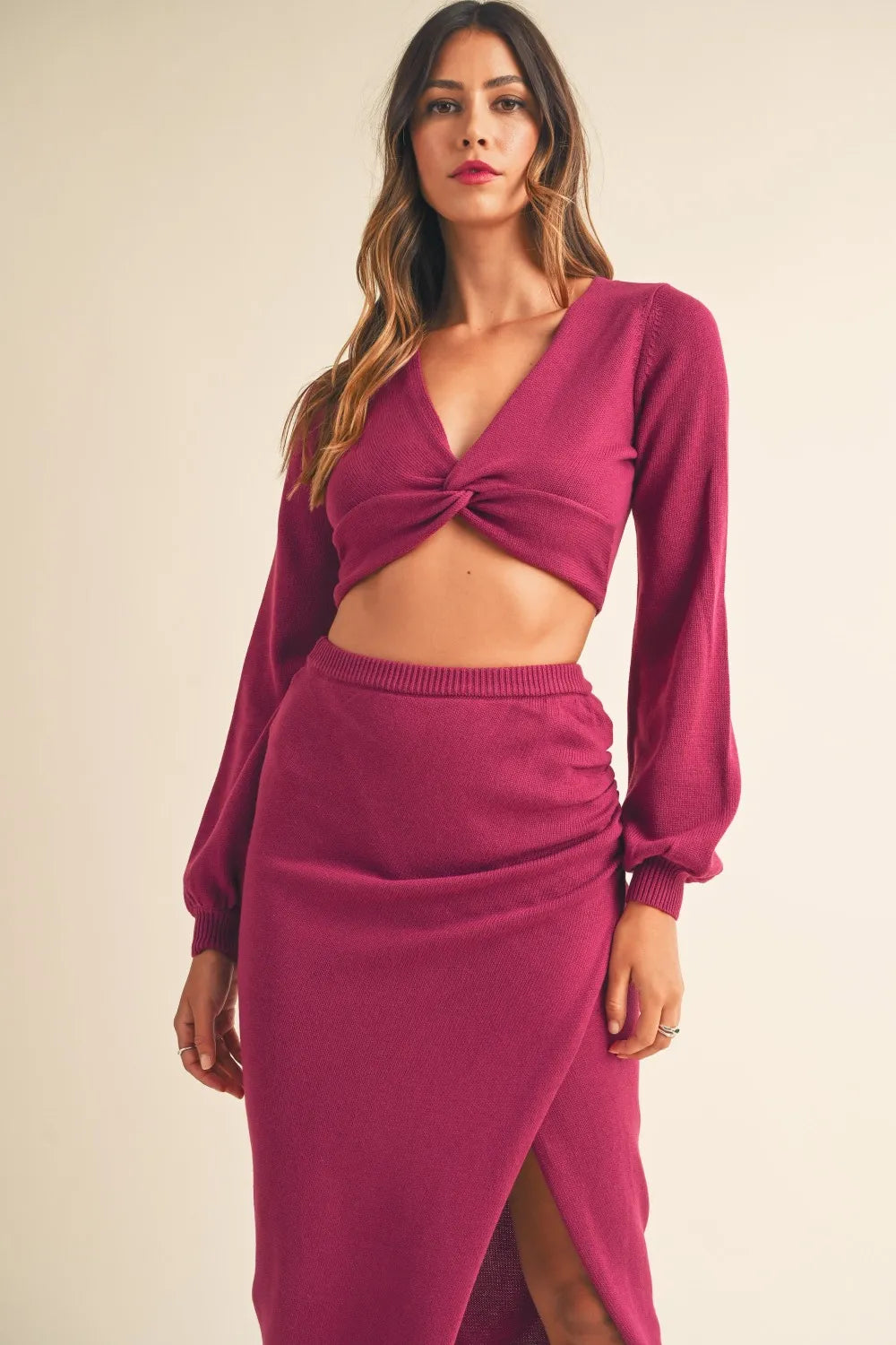 Front Twisted Knit Top & Midi Skirt Set in Magenta