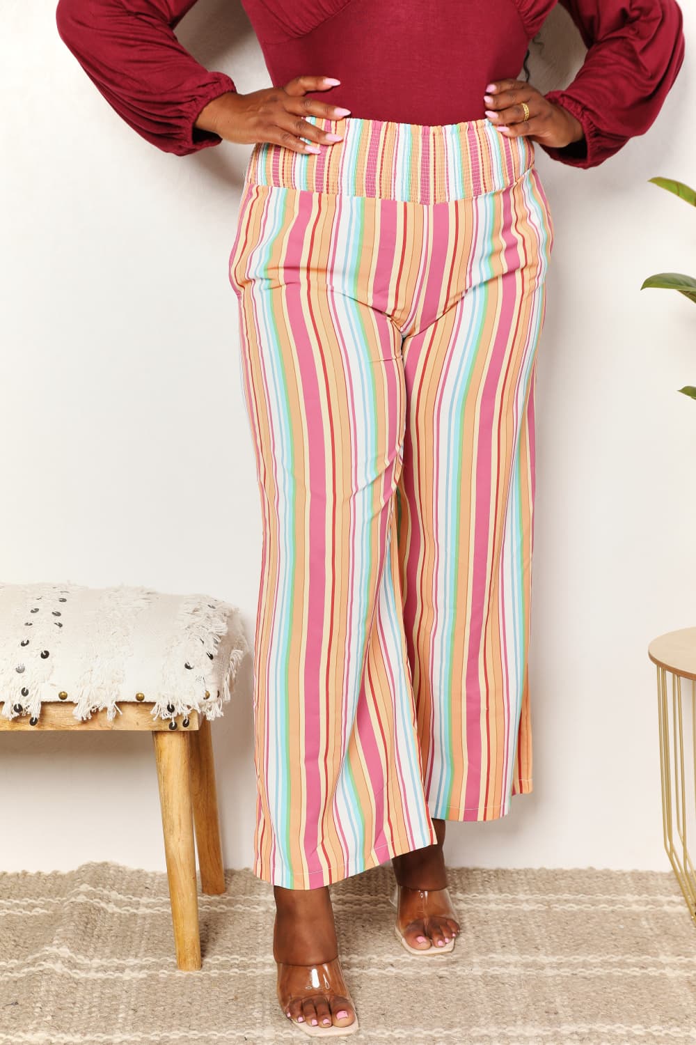 Double Take Striped Smocked Waist Pants with Pockets in Multicolor