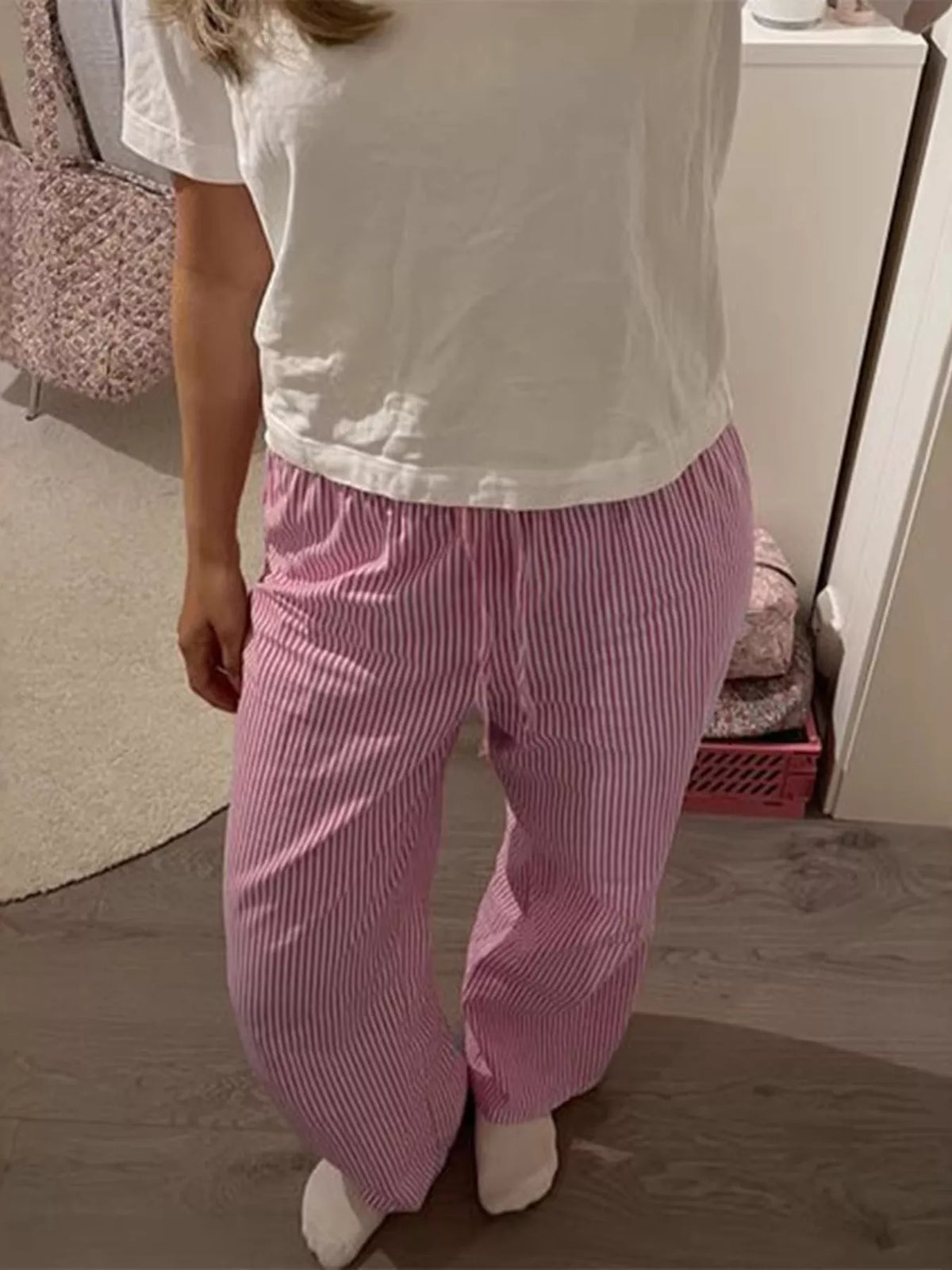 Striped High-Waisted Drawstring Casual Pants in Pink