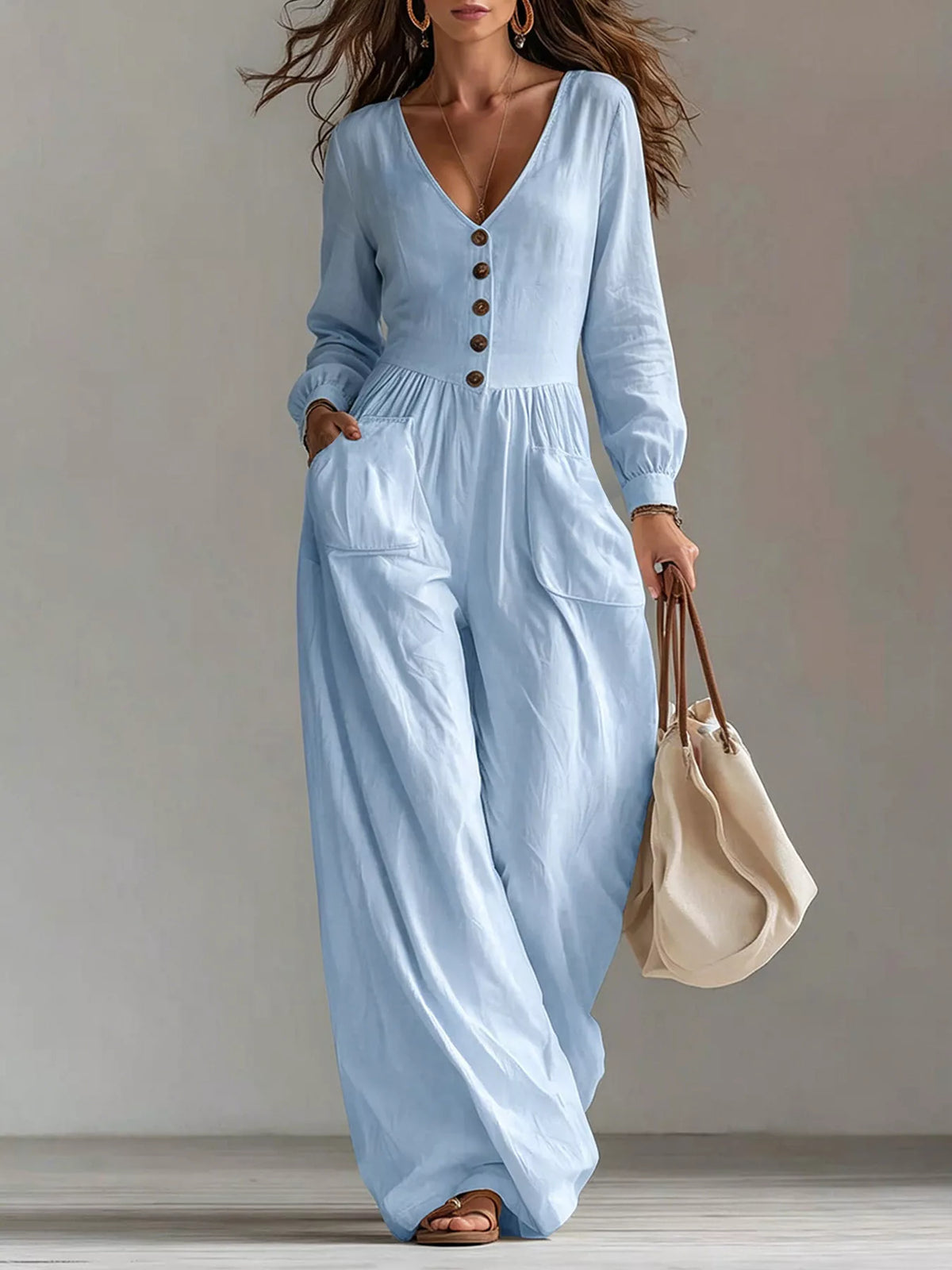 V-Neck Button Front Wide-Leg Jumpsuit