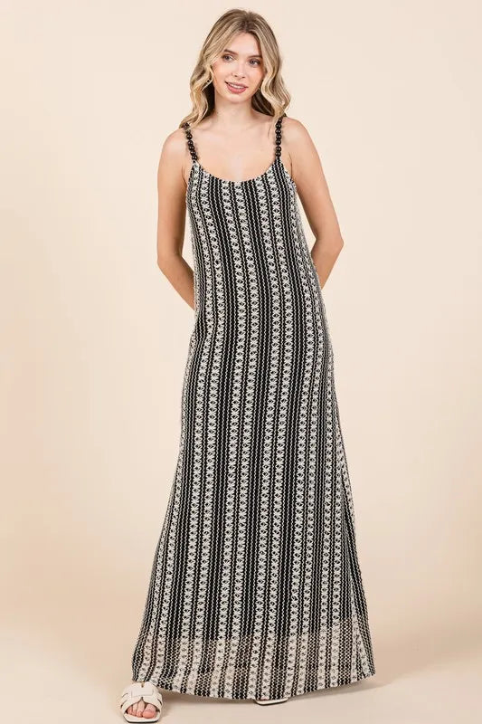 Striped Beaded Strap Maxi Dress in Black