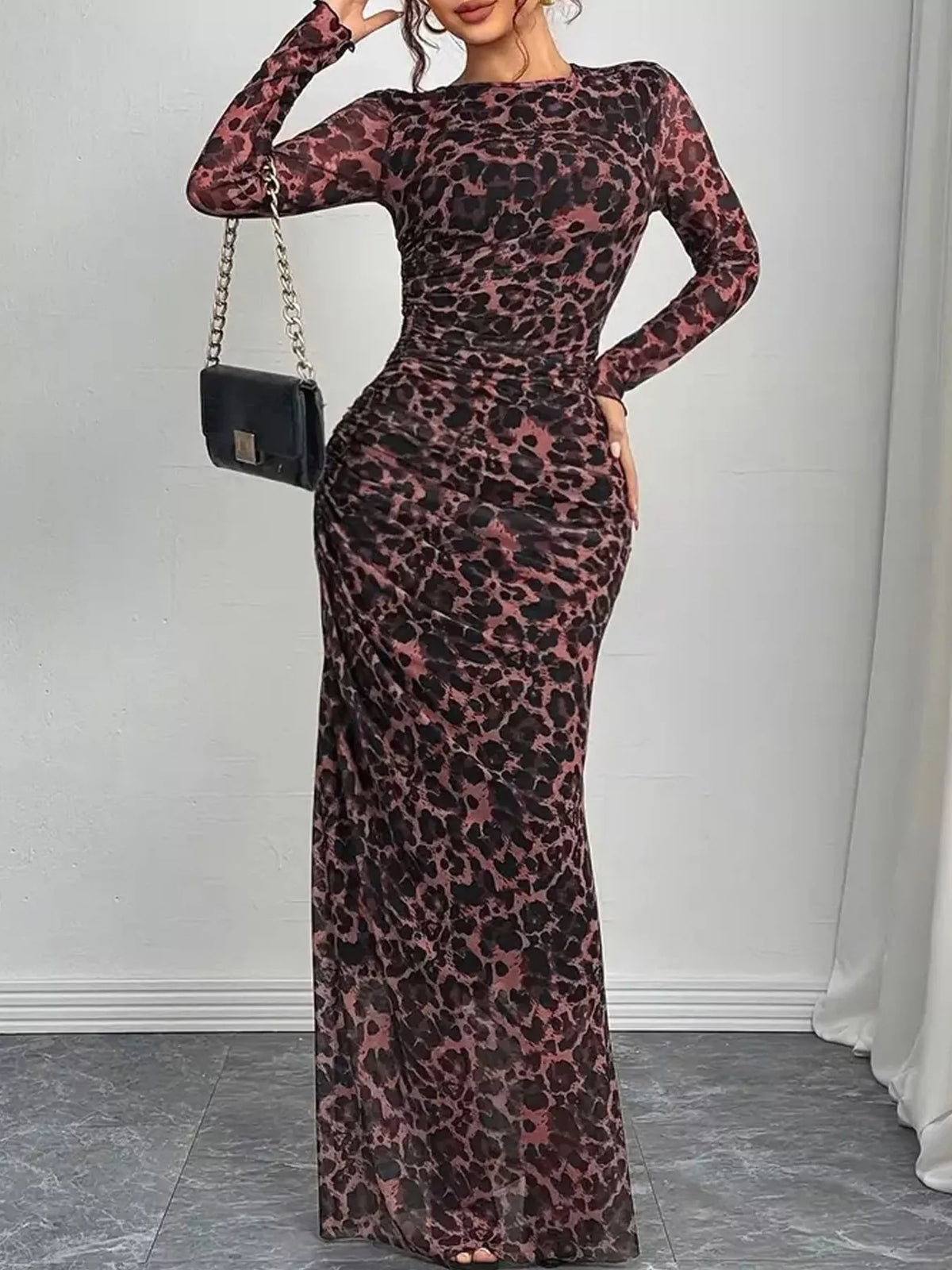 Leopard Print Ruched Bodycon Maxi Dress