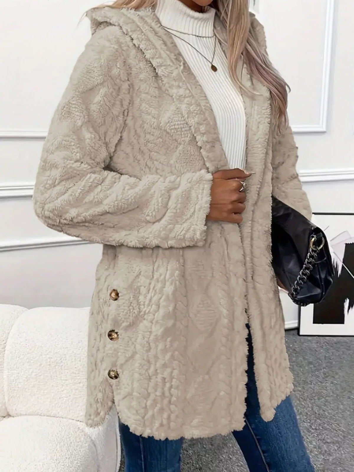 Cozy Cable-Knit Faux Fur Hooded Jacket