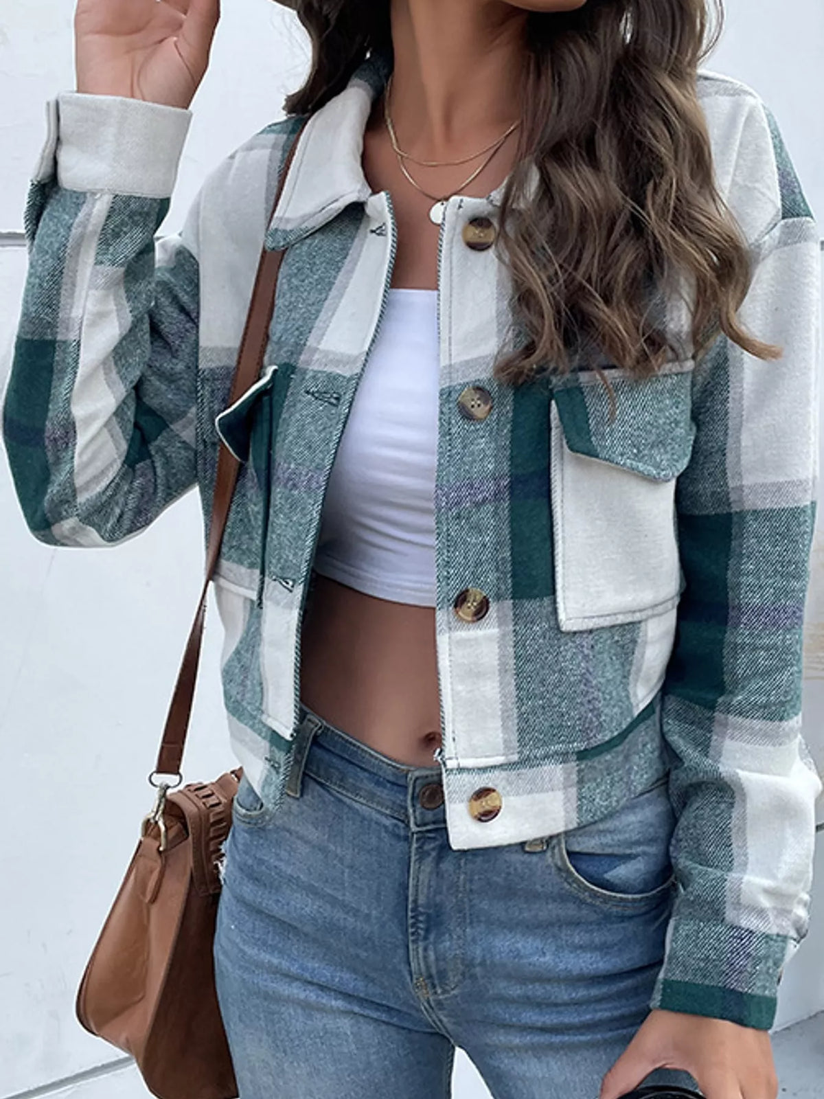 Plaid Button-Up Cropped Jacket