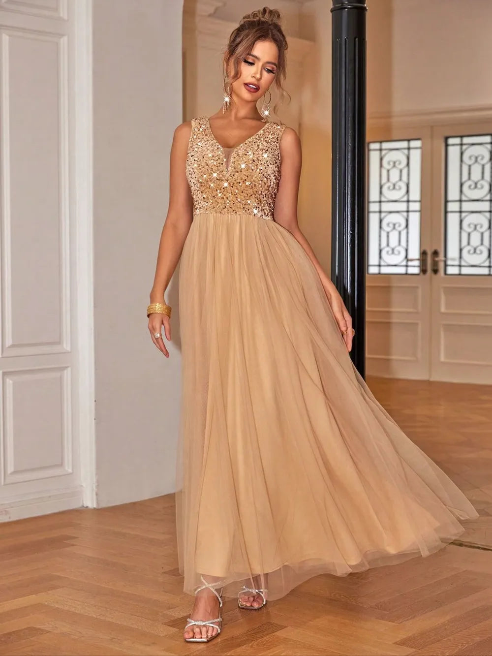 Sequin V-Neck Dress in Tan by Jubilair
