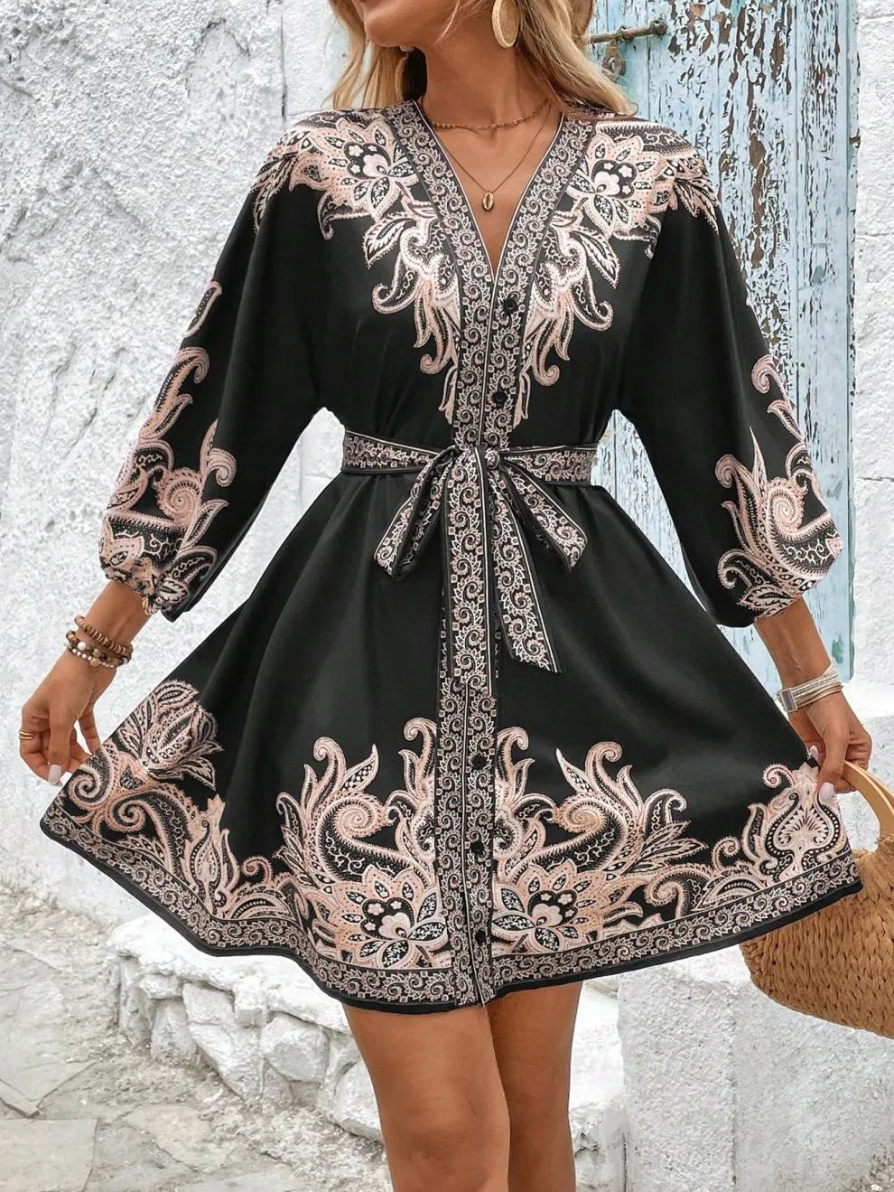 Paisley V-Neck 3/4 Sleeve Mini Dress