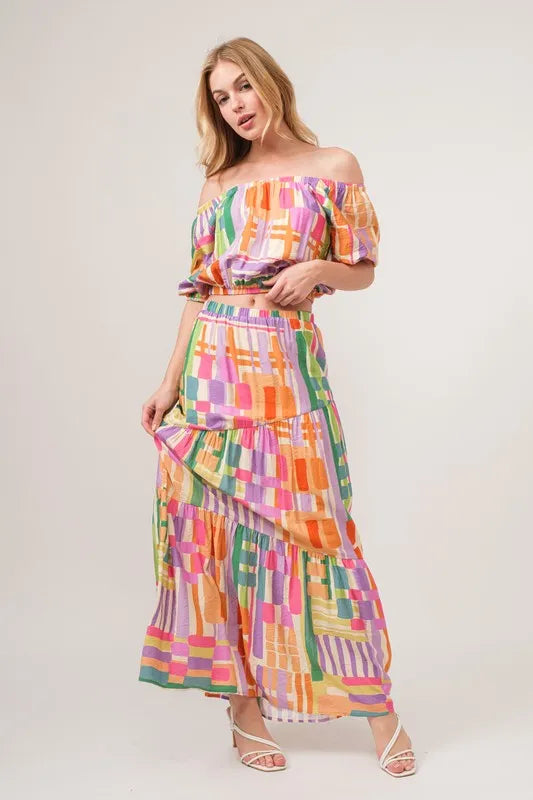 And The Why Geo Print Puff Sleeve Crop Top in Multi