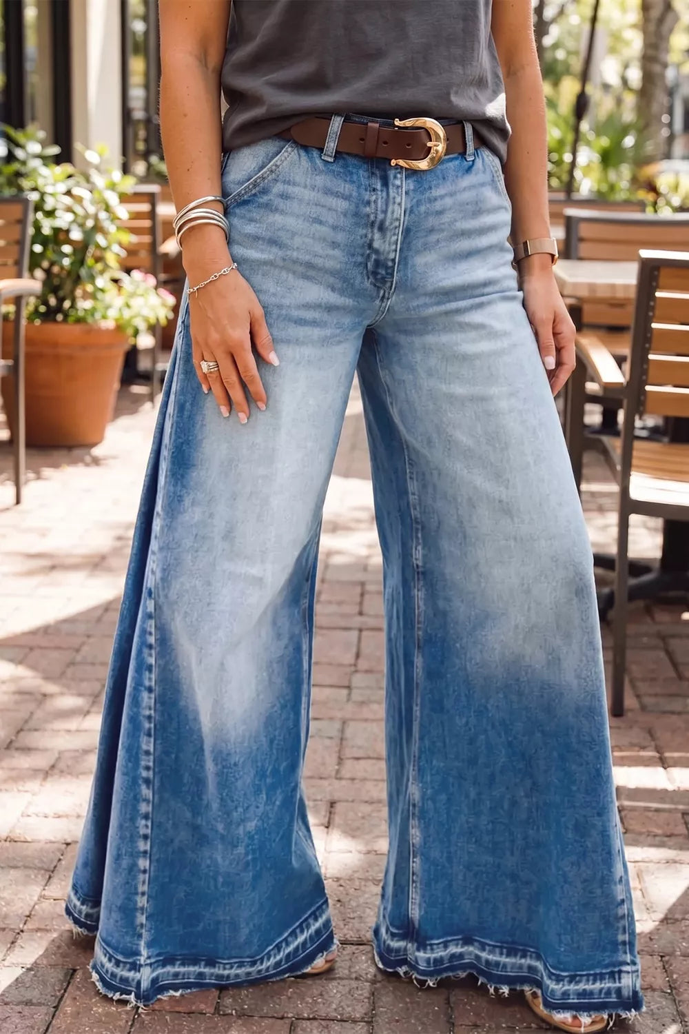 Side-Seam Gathered Flare Leg Jeans in Dusty Blue
