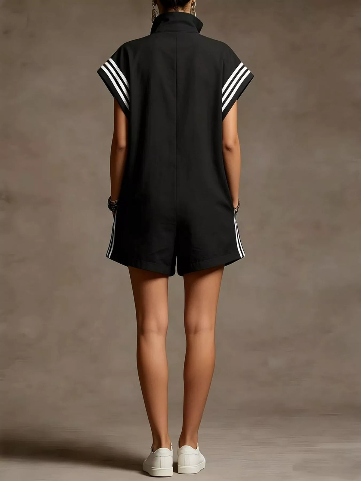 Striped Zip-Front Romper with Pockets