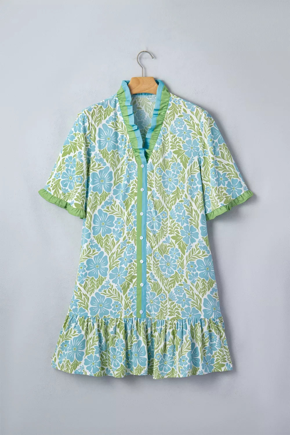 Floral Print Button-Up Mini Dress in Gum Leaf