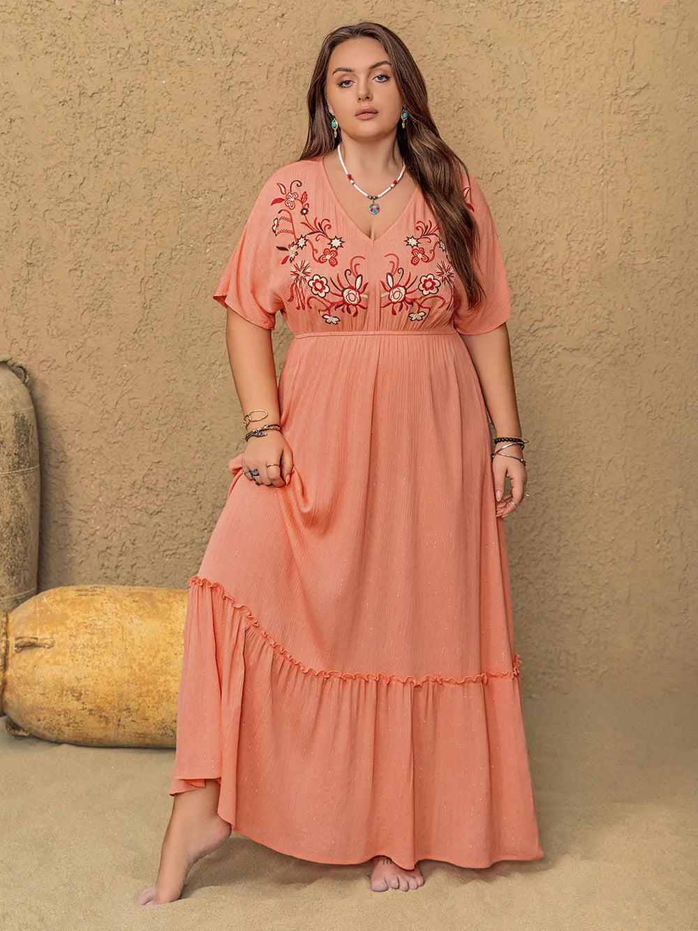 Frill Embroidered V-Neck Maxi Dress in Coral