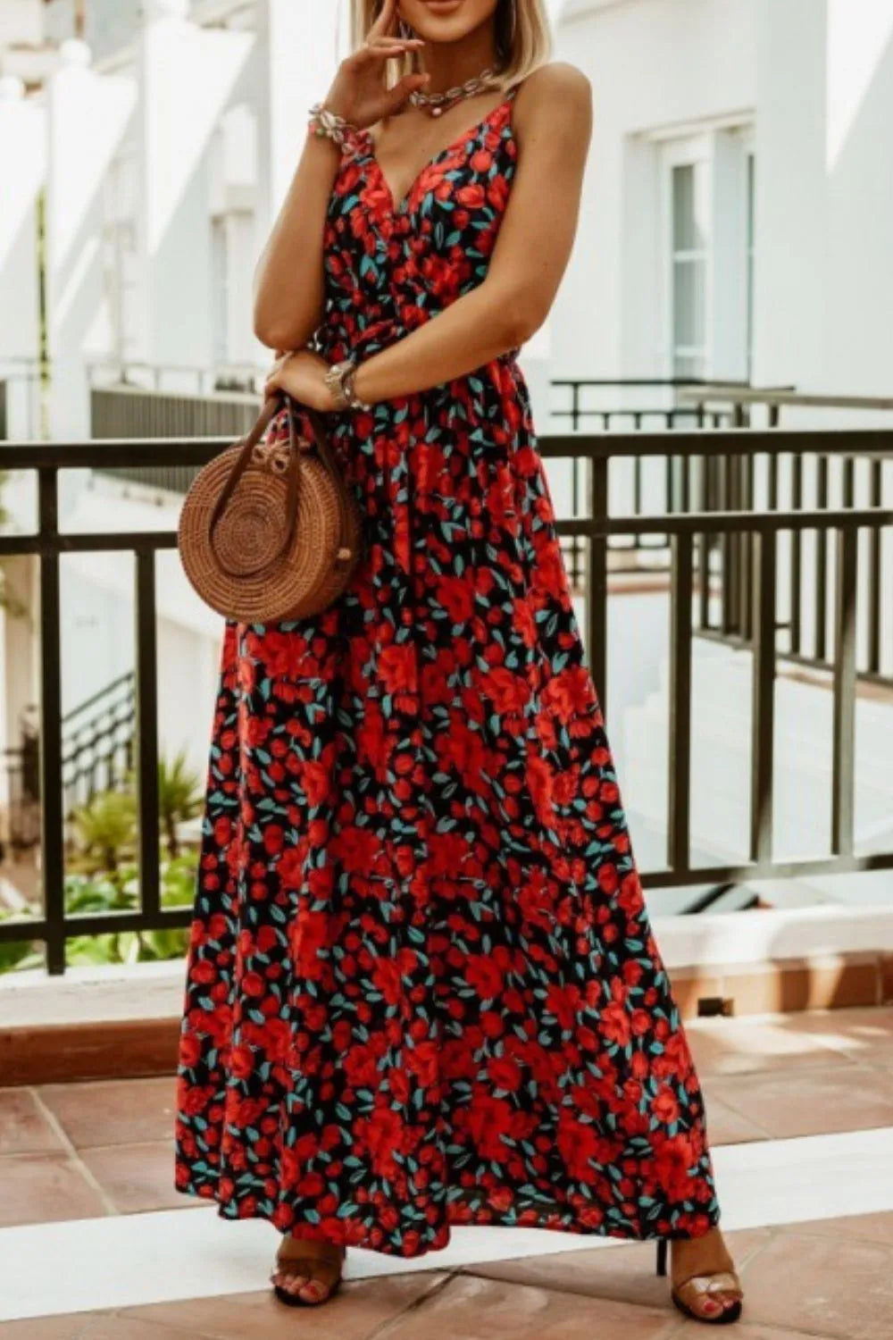 Smocked Spaghetti-Strap Printed Maxi Dress