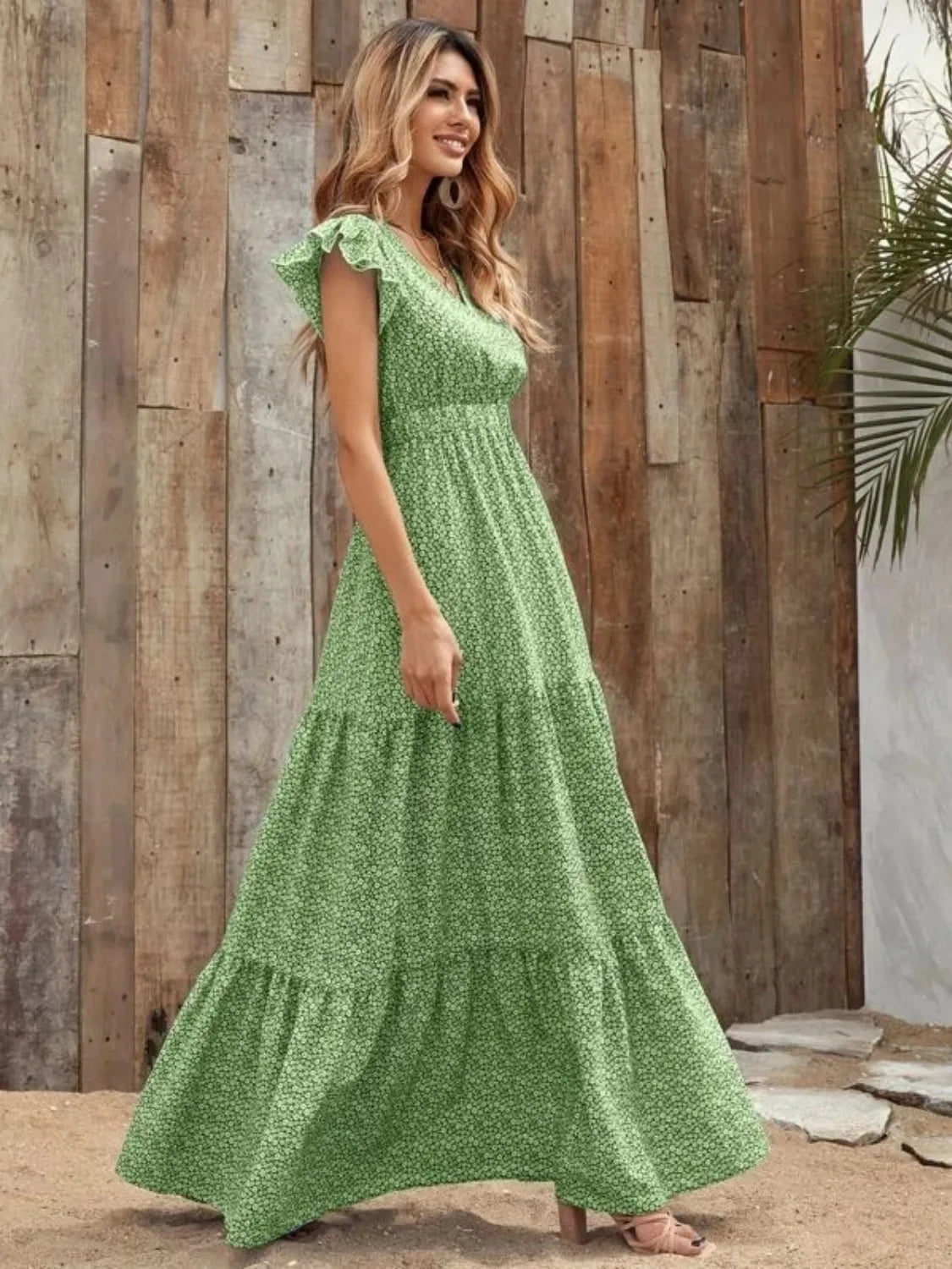 Ruffled Cap Sleeve V-Neck Maxi Dress