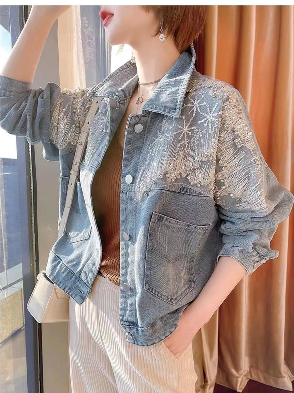 Rhinestone Snowflake Embellished Denim Jacket