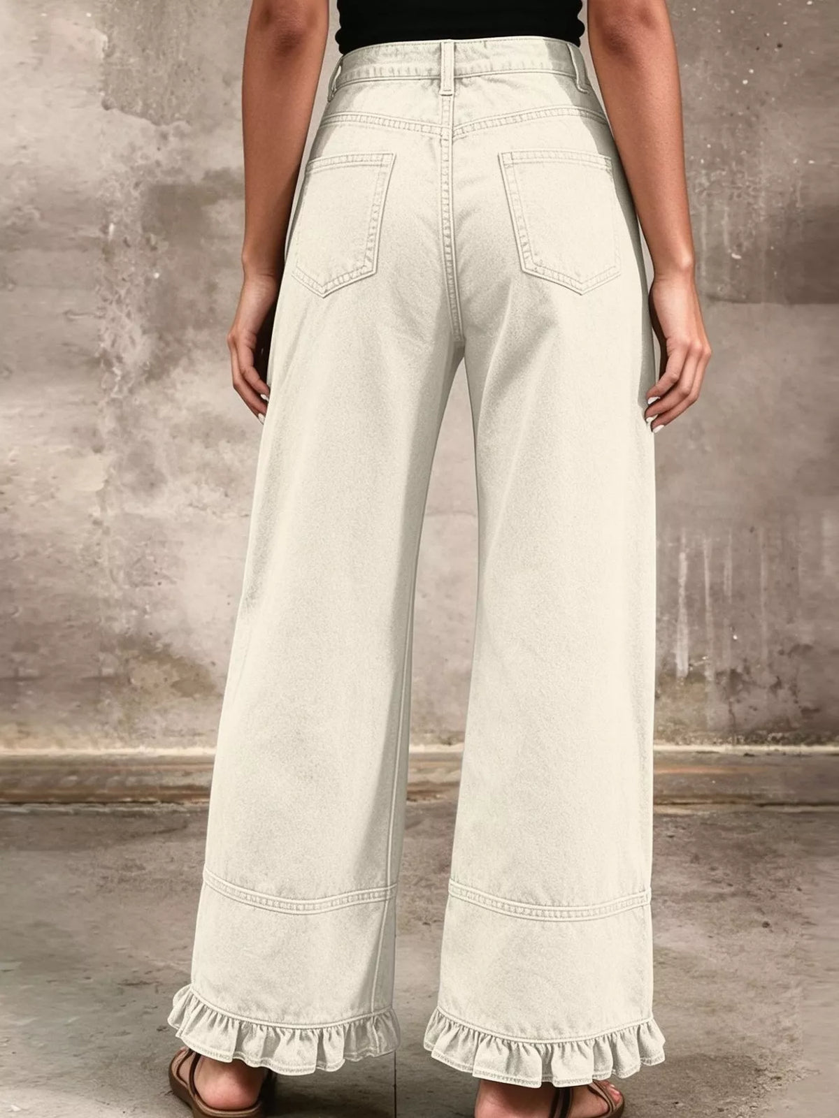 High-Waisted Wide-Leg Ruffled Hem Jeans by Dreamy Drapes