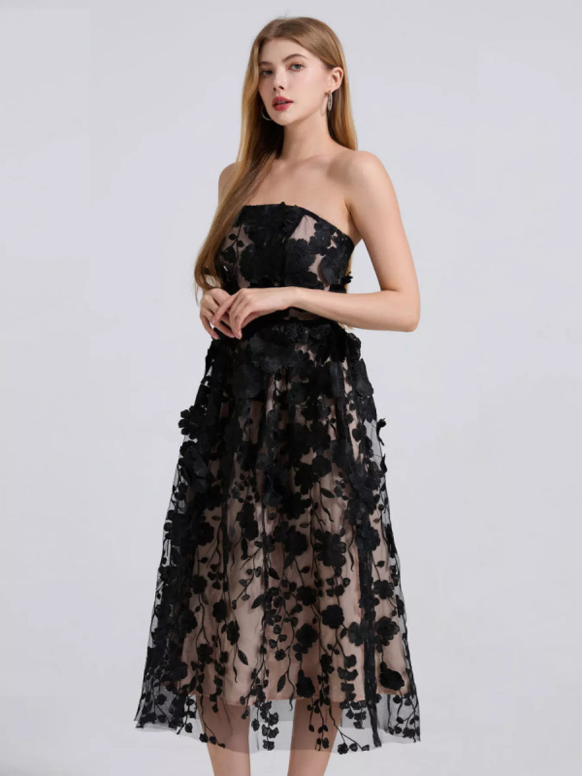Floral Applique Strapless Midi Dress, Lined