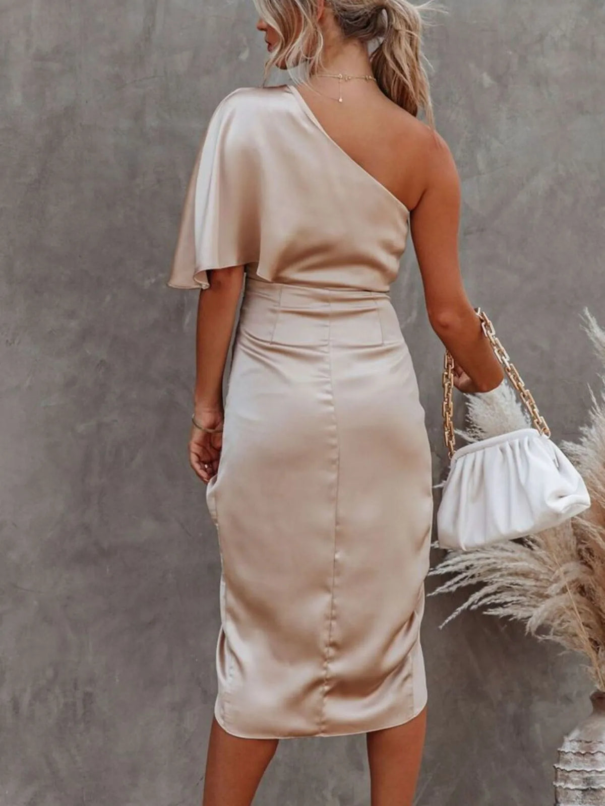 One-Shoulder Satin Wrap Dress with Side Slit