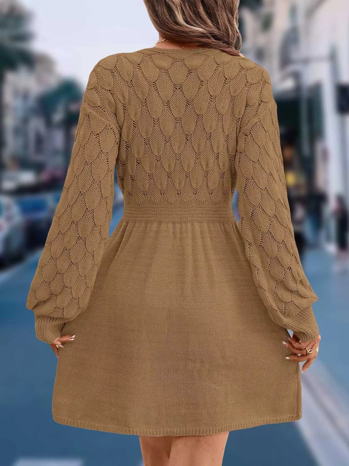 V-Neck Long Sleeve Sweater Dress with Openwork