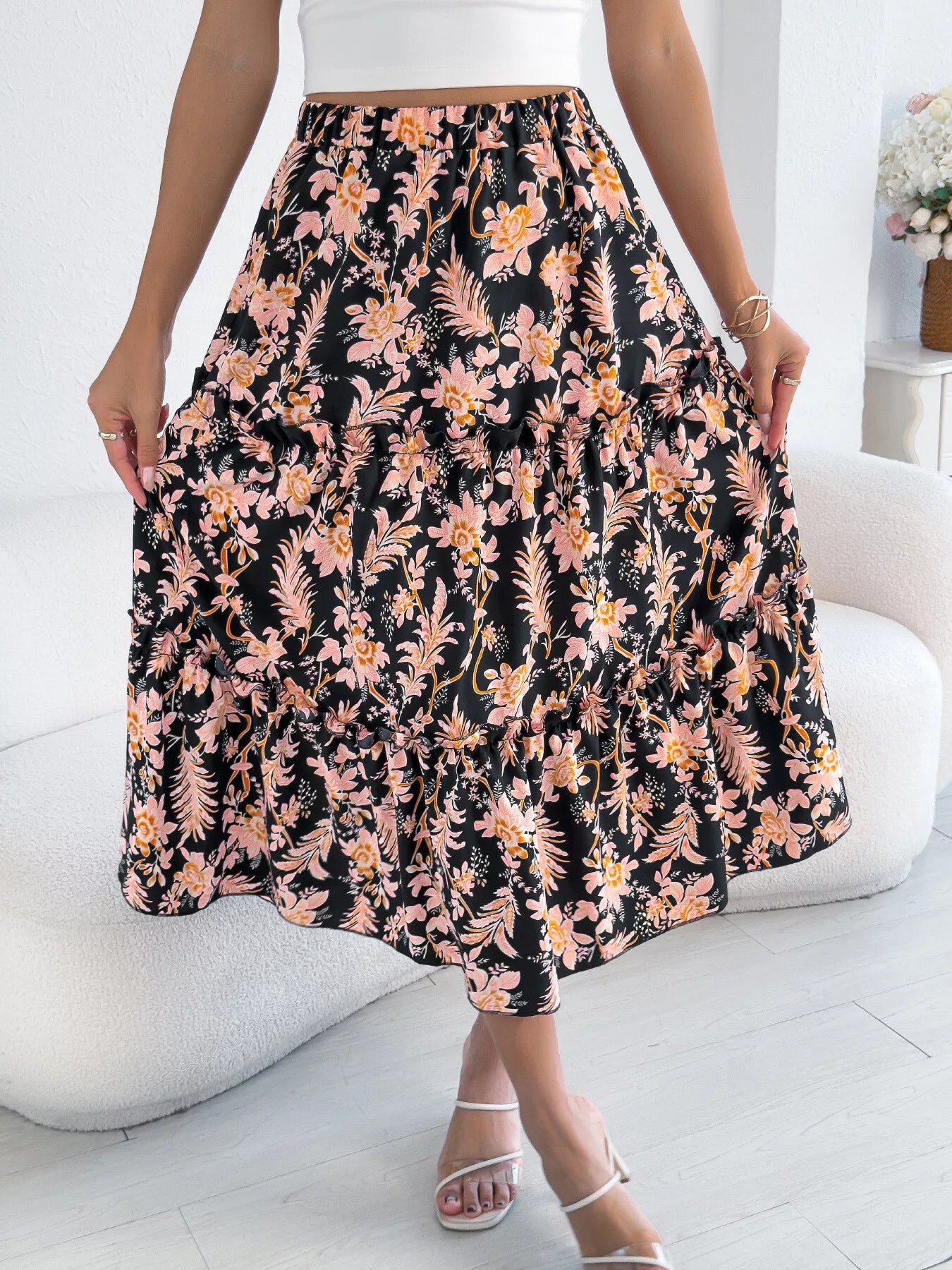 Floral Ruffle Hem Flowy Midi Skirt