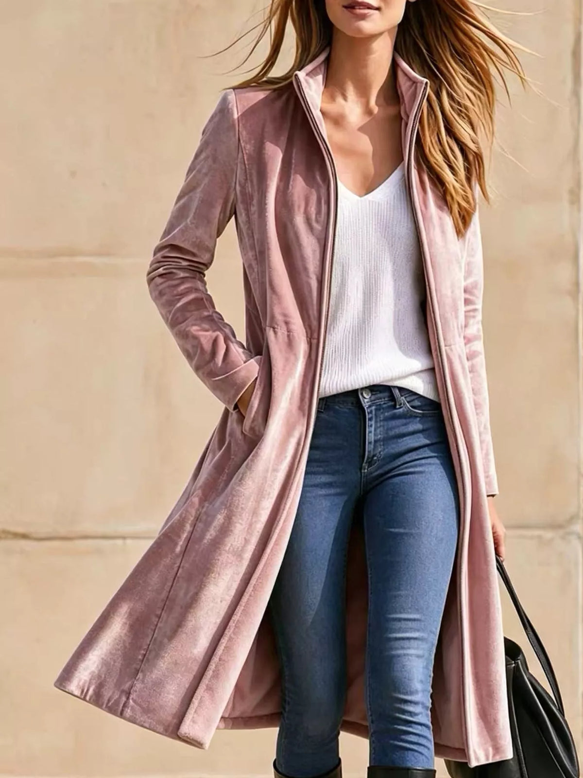 Velvet Zip-Up Longline Jacket
