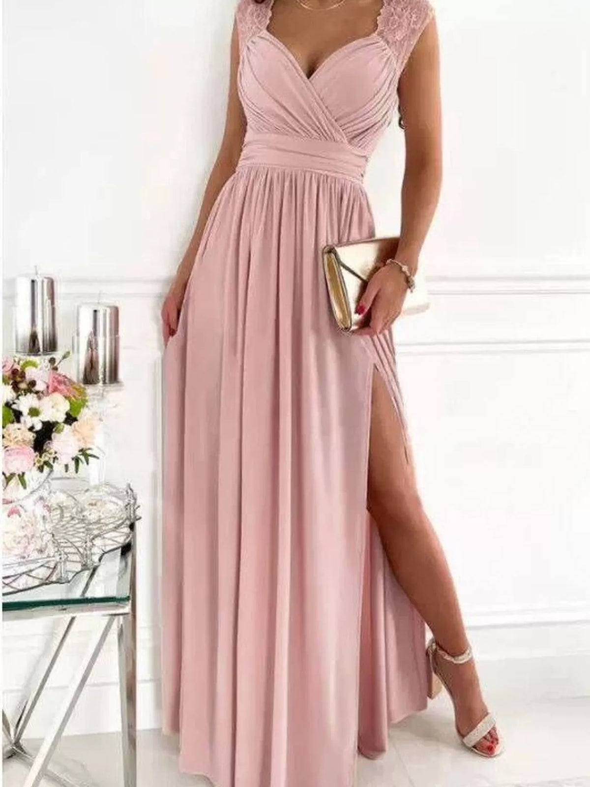 Lace Detail High Slit Maxi Dress