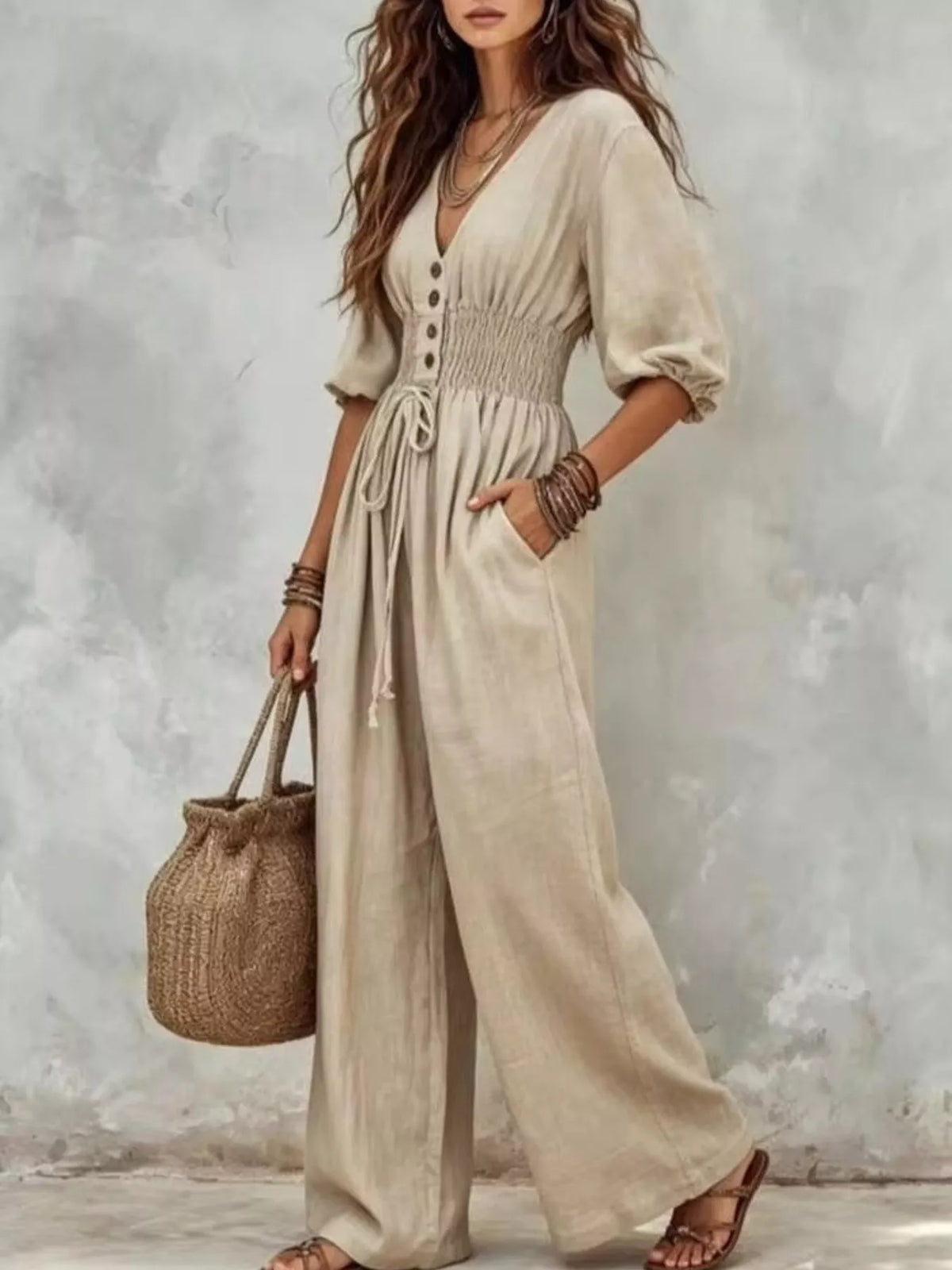 Smocked Waist Wide-Leg Jumpsuit