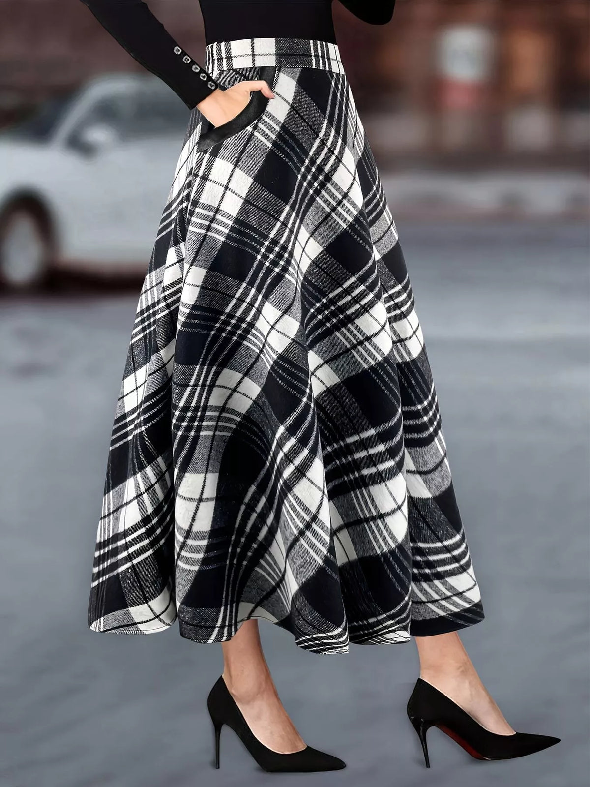 Plaid A-Line Midi Skirt with Pockets in Black